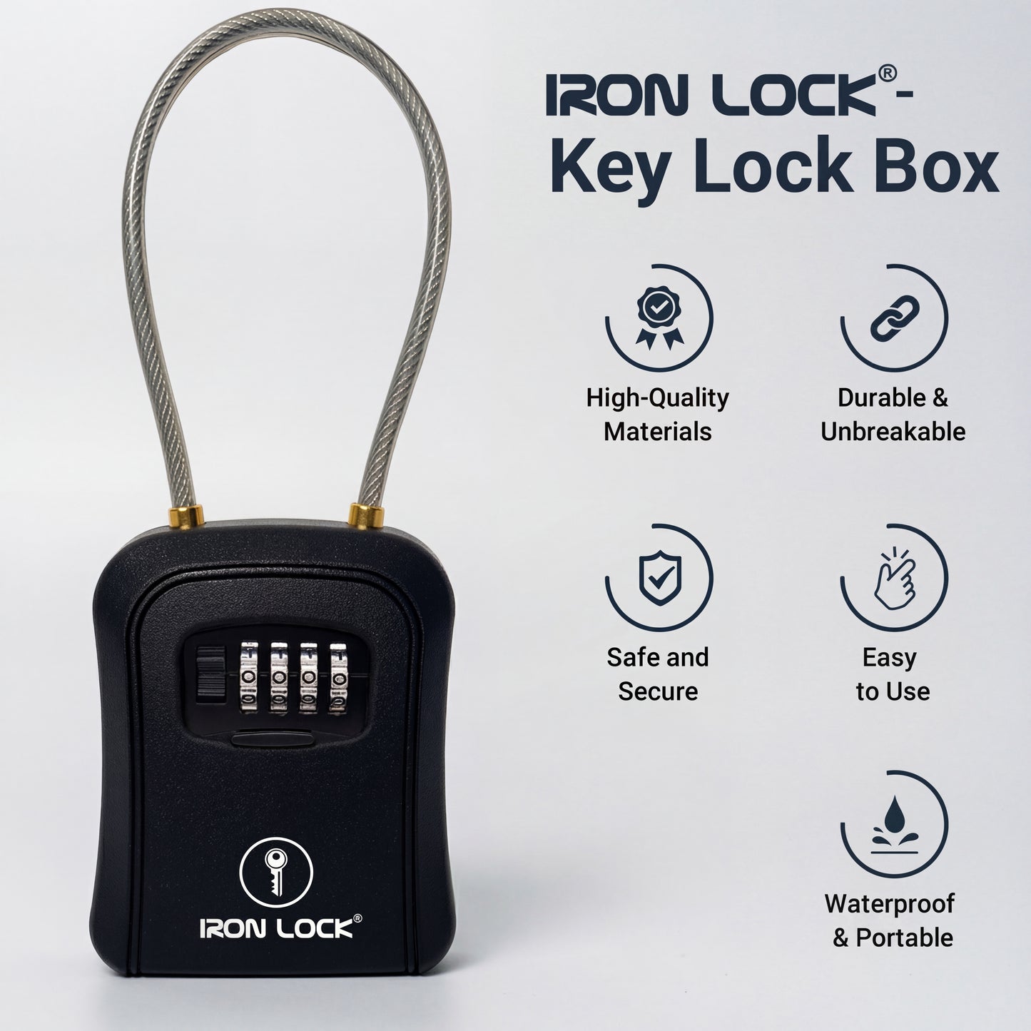 Medium Portable Key Lock Box with Removable Cable Shackle (Black)