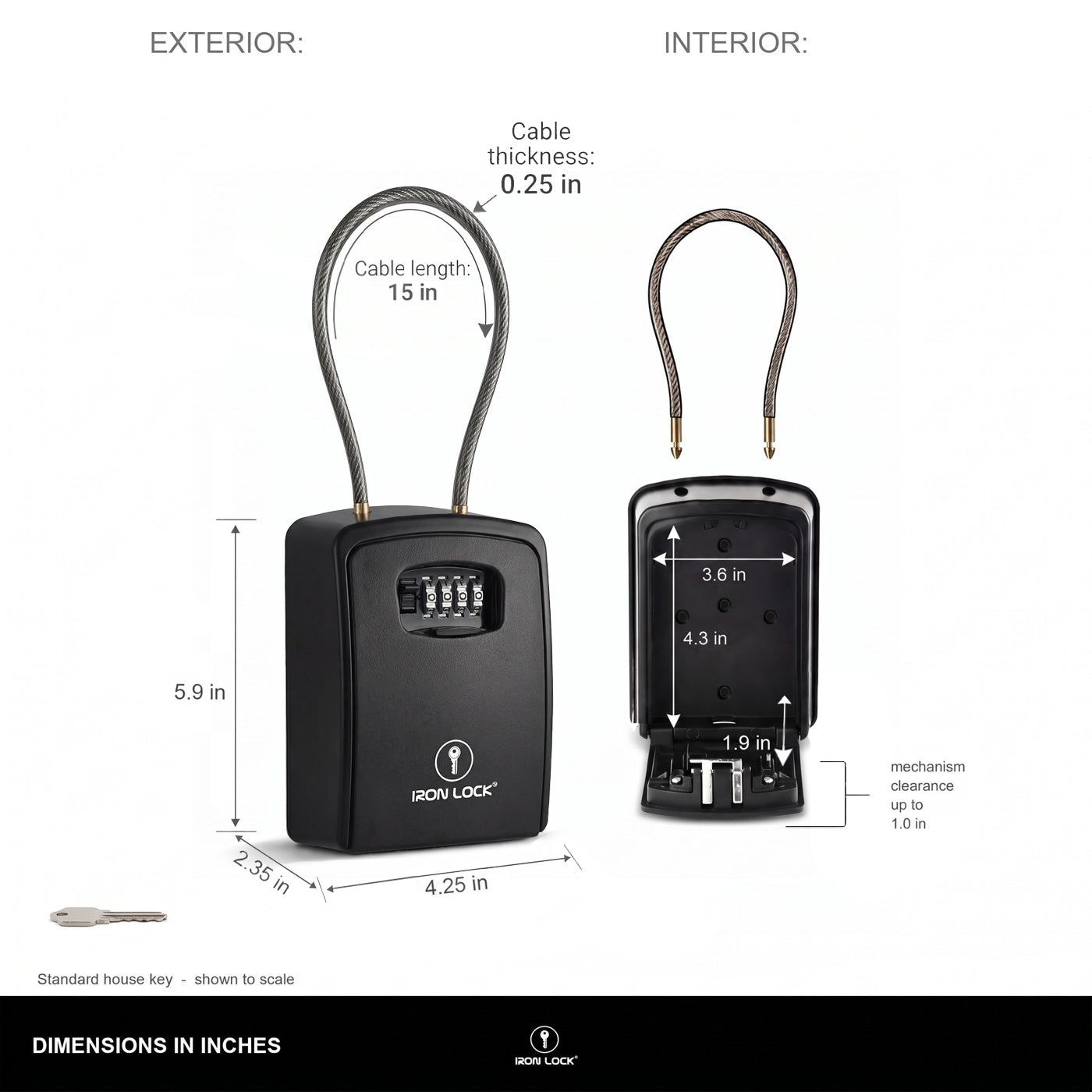 Iron Lock Portable Key Lock Box XX-Large, Cable Shackle, Combination (Black)