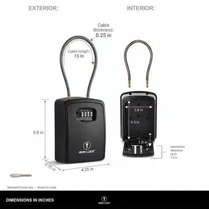 Iron Lock Portable Key Lock Box XX-Large, Cable Shackle, Combination (Black)