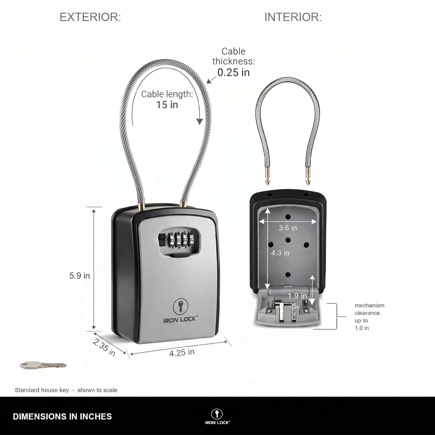 Iron Lock Portable Key Lock Box XX-Large, Cable Shackle, Combination (Grey)