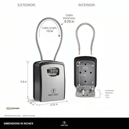 Iron Lock Portable Key Lock Box XX-Large, Cable Shackle, Combination (Grey)