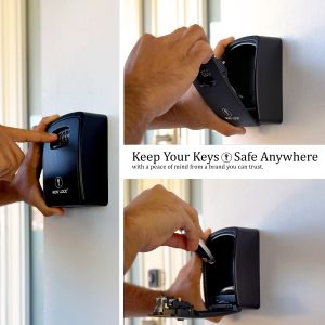 A black, all-metal key lock box designed for secure key storage. The box features a sleek and durable black finish, with a hinged door that opens to reveal a set of numbered hooks inside. It includes a combination lock mechanism with adjustable dials, allowing users to set a personalized code for accessing the keys stored inside. The black key lock box provides a convenient and organized solution for securely storing keys, making it ideal for home, office, or property management use.